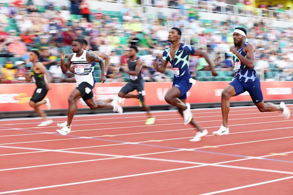 Trayvon Bromell (second from left) is the favorite to win the 100 meters in Tokyo, but he will face a challenge from U.S. teammate Ronnie Baker (second from right).