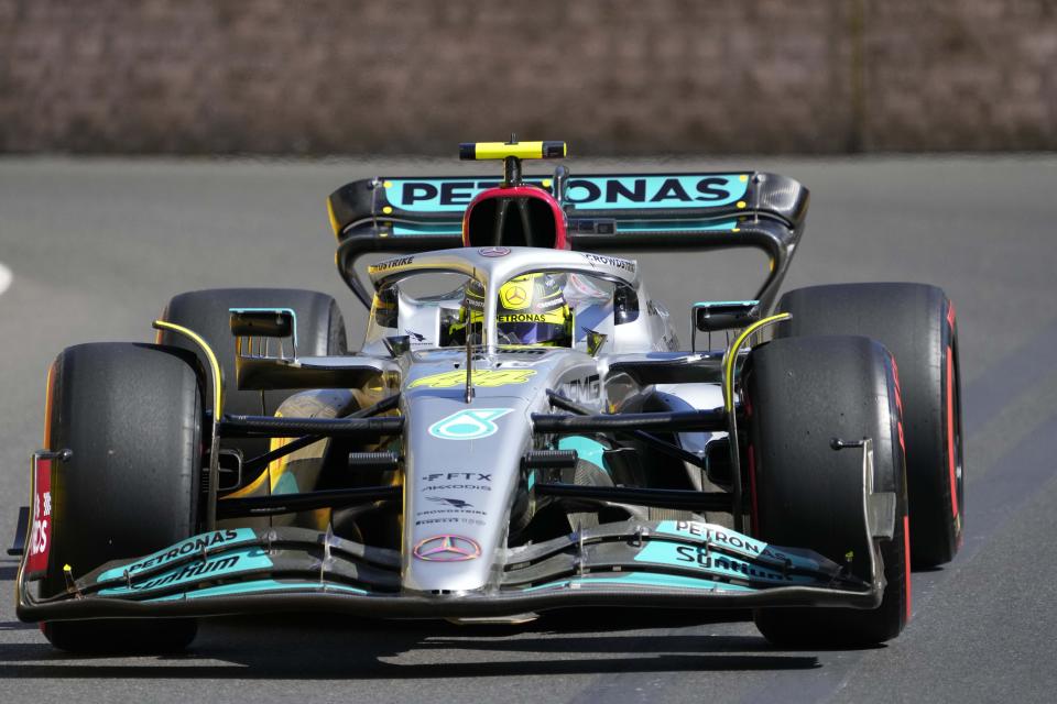 Mercedes driver Lewis Hamilton of Britain steers his car during the first free practice at the Baku circuit, in Baku, Azerbaijan, Friday, June 10, 2022. The Formula One Grand Prix will be held on Sunday. (AP Photo/Sergei Grits)