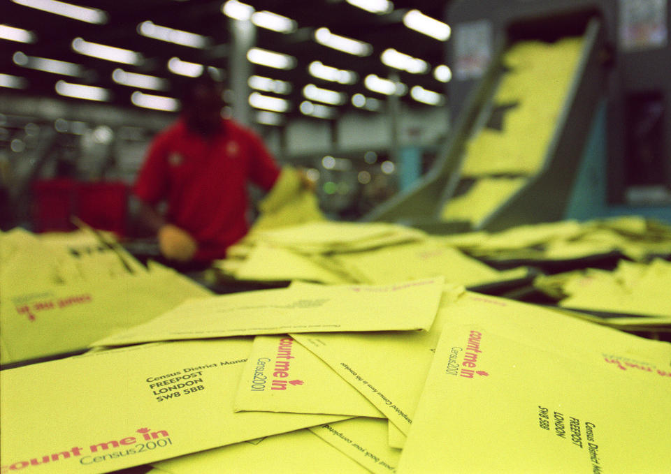 The scene at the South London Mail Centre, as a mountain of returned Census forms await processing.  4.5 million Census forms have already been returned in England and Wales, with millions more to come back over the next few days. 