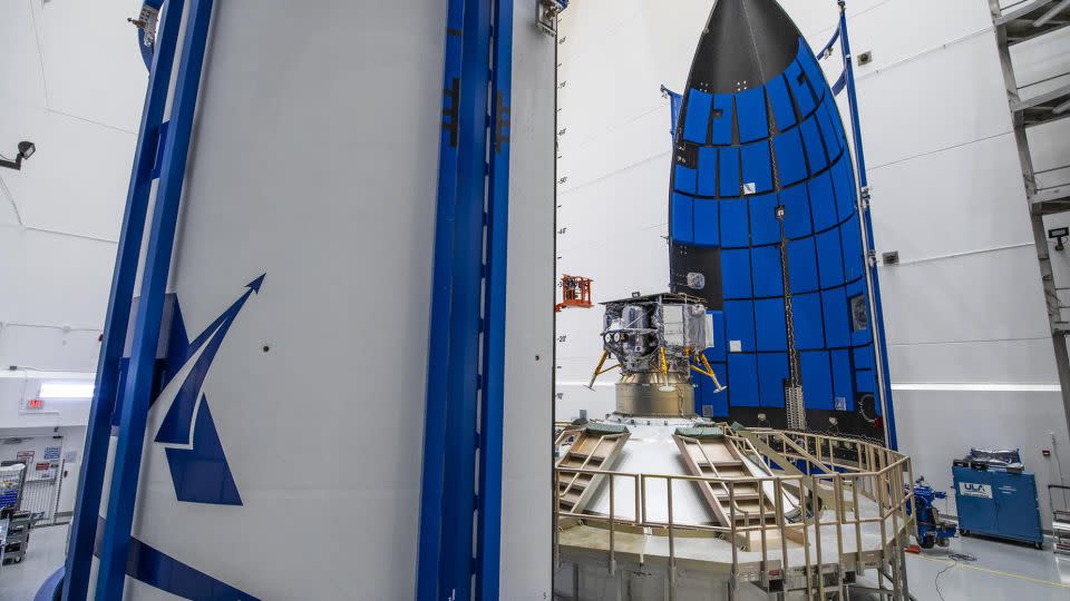 Astrobotic's Peregrine lunar lander is shown as it prepares to be encapsulated in the payload fairing, or nose cone, of United Launch Alliance's Vulcan rocket on November 21, 2023. - United Launch Alliance/NASA