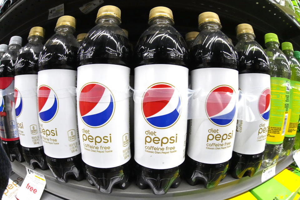 FILE - Diet Pepsi Caffeine Free is displayed in a market in Pittsburgh on Jan. 26, 2023. PepsiCo reports earnings on Thursday, July 11, 2024. (AP Photo/Gene J. Puskar, File)