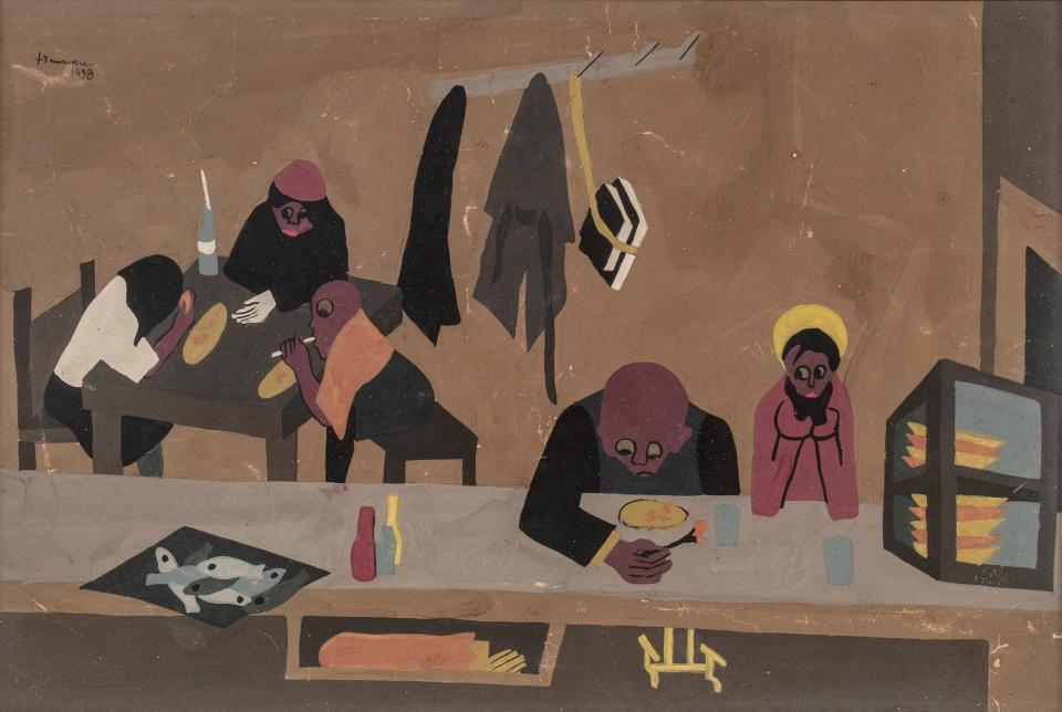 On view at the Four Arts this season in its "Scenes of New York City" exhibition, which runs from Nov. 18 to Jan. 28 is "Harlem Diner" (1938), by Jacob Lawrence. Water-pressed tempera on paper, laid on board. New-York Historical Society, Promised gift of Elie and Sarah Hirschfeld, Scenes of New York City, IL2021.51.90 © 2023 The Jacob and Gwendolyn Knight Lawrence Foundation, Seattle / Artists Rights Society (ARS), New York.