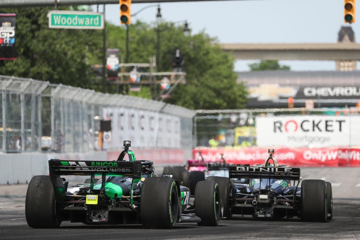 IndyCar drivers head toward turn four during the Detroit Grand Prix in Detroit on Sunday, June 4, 2023.