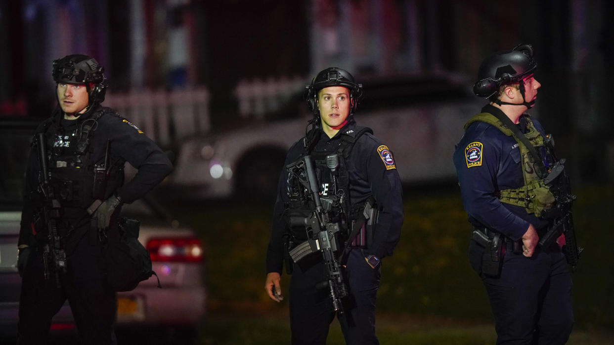 Police at the scene where two officers were shot, in Newark, N.J., on Nov. 1, 2022.  (Eduardo Munoz Alvarez / AP)