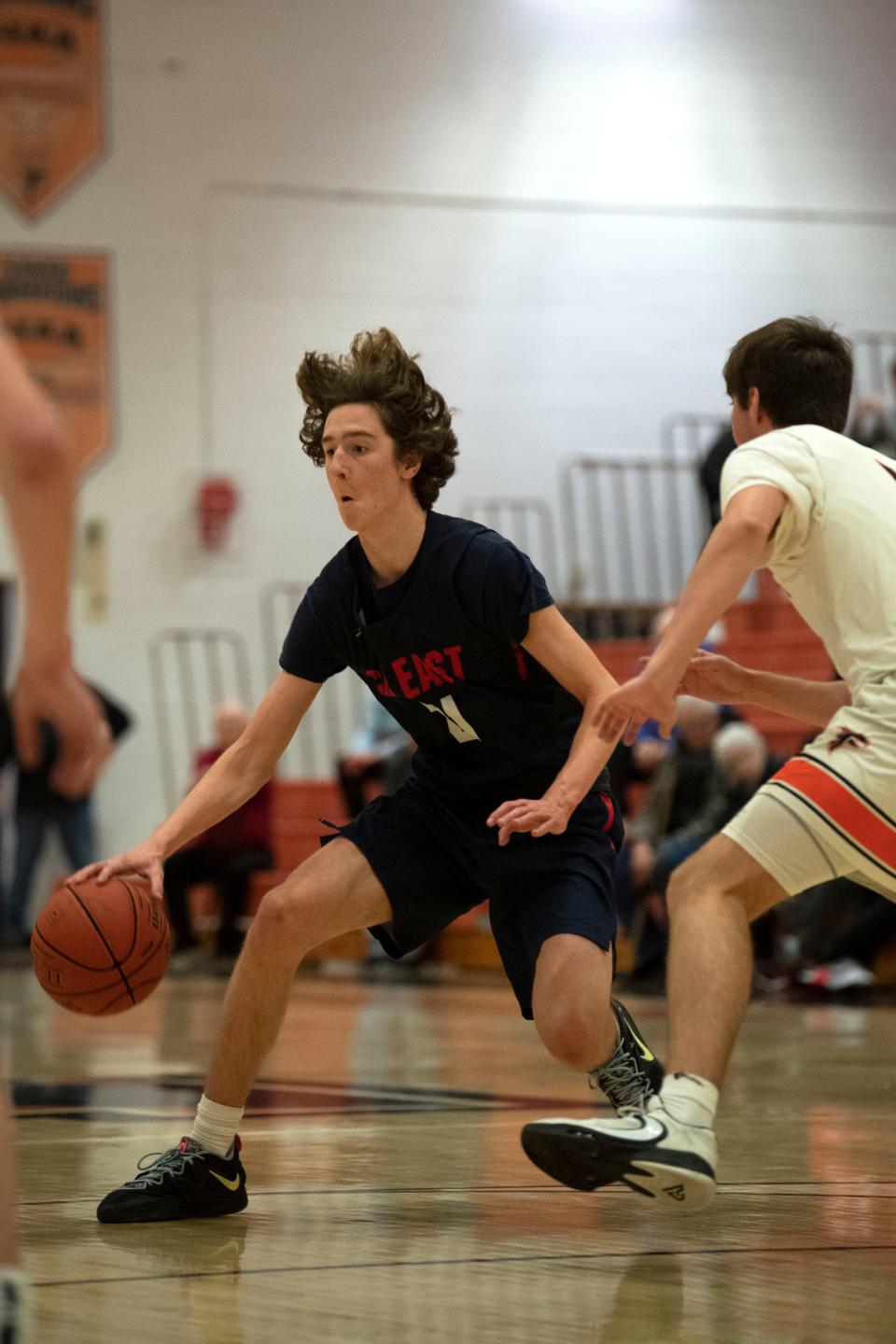 CB East senior Kyle Berndt looks to pass the ball at Pennsbury High School on Thursday, Jan. 12, 2023. CB East boys basketball defeated Pennsbury in a buzzer beater, 52-51.