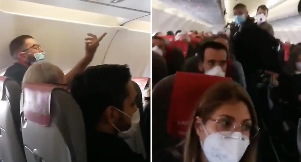 Tensions boiled over as passengers couldn't social distance on the flight. Source: Twitter/efren_hr