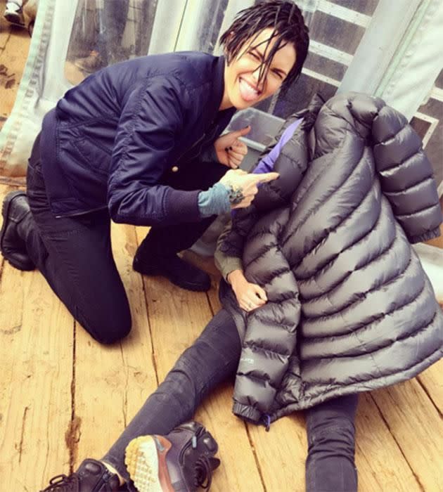 Ruby shared this snap of her co-star Jessica McNamee after she sprained her ankle on location at Gulf Harbour, Whangaparaoa in New Zealand. Source: @rubyrose/Instagram