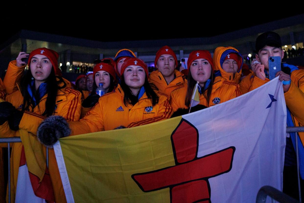 Members of Team Nunavut take part in the opening ceremony for the 2023 Arctic Winter Games last year in northern Alberta. Some athletes from the territory have been having a hard time securing passports needed to go to this year's Games in Alaska. (Evan Mitsui/CBC - image credit)