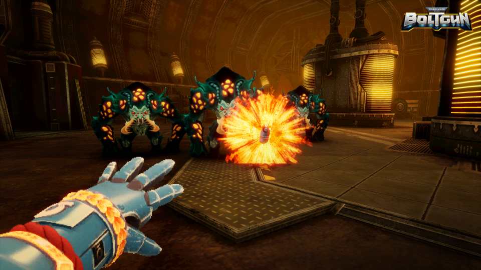 A screenshot from Warhammer 40,000: Boltgun, showing the player fighting enemies in-game.