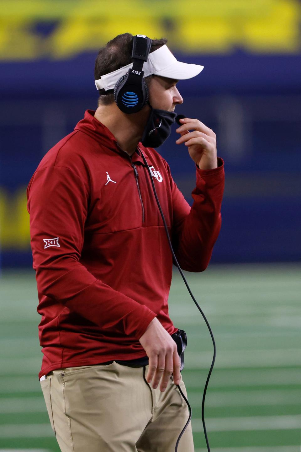 Oklahoma head coach Lincoln Riley looks on against Florida during the NCAA Cotton Bowl college football game Wednesday, Dec.30, 2020, in Arlington, Texas.