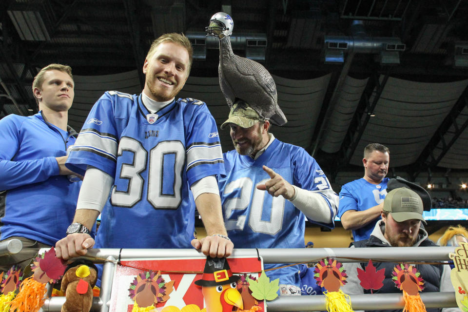 DETROIT, MI - NOVEMBER 22:  Detroit Lions fans celebrate Thanksgiving Day during a regular season game between the Chicago Bears and the Detroit Lions on November 22, 2018 at Ford Field in Detroit, Michigan.  (Photo by Scott W. Grau/Icon Sportswire via Getty Images)