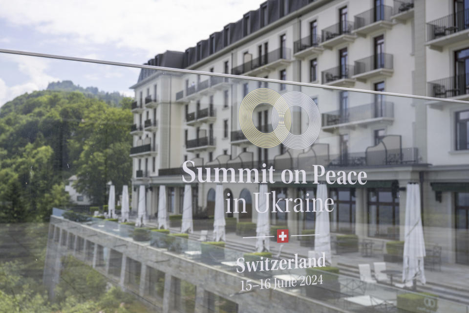 The logo of the peace summit is pictured in Buergenstock, Switzerland, Thursday, June 13, 2024. A Ukraine peace simmit with over 90 delegations from all over the world will take place at the Buergenstock Resort on Saturday, June 15 and Sunday, June 16, 2024. (Urs Flueeler/Keystone via AP)