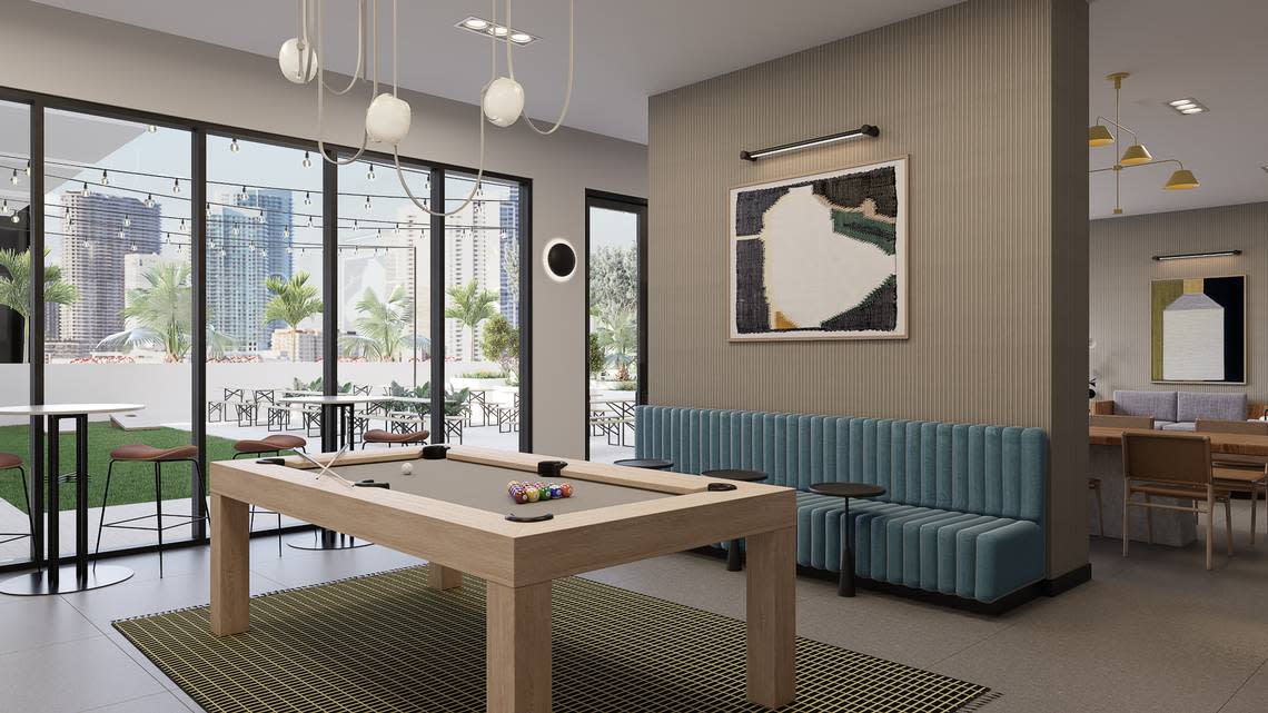 A rendering of the third floor lounge at Arlo Wynwood, which is open to the public.