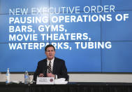 Arizona Gov. Doug Ducey announces a new executive order in response to the rising COVID-19 cases in the state, during a news conference in Phoenix on Monday, June 29, 2020. The governor ordered bars, nightclubs and water parks to close again for at least a month starting Monday night — a dramatic about-face as coronavirus cases surge in the Sunbelt. (Michael Chow/The Arizona Republic via AP, Pool)