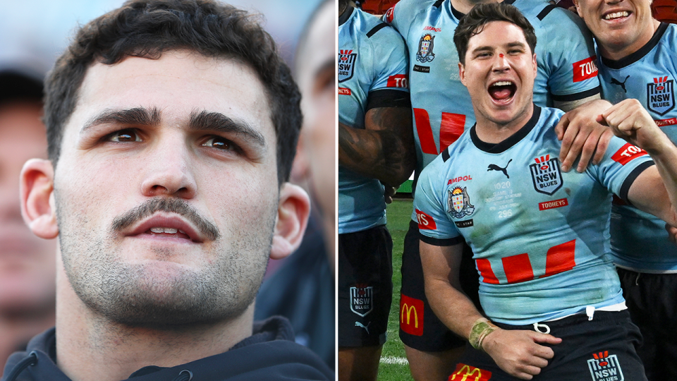 Nathan Cleary watching on and Mitchell Moses celebrates.