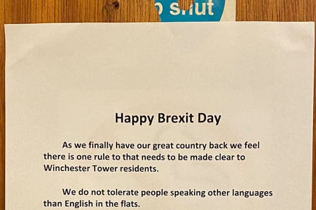 Brexit poster demanding tower block residents speak English reported to police