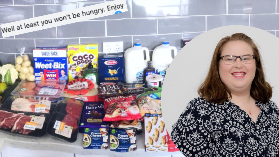 Pictured: Rachael Hallett and picture of her "criminal" shopping haul from Woolworths and Coles. Images: Supplied, Facebook (Mums Who Budget & Save)