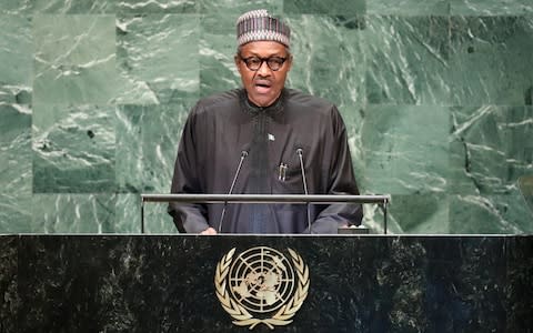 Muhammadu Buhari, seen addressing the UN earlier this year, has been hounded by rumours that he is dead, replaced by a clone - Credit: Carlo Allegri/Reuters