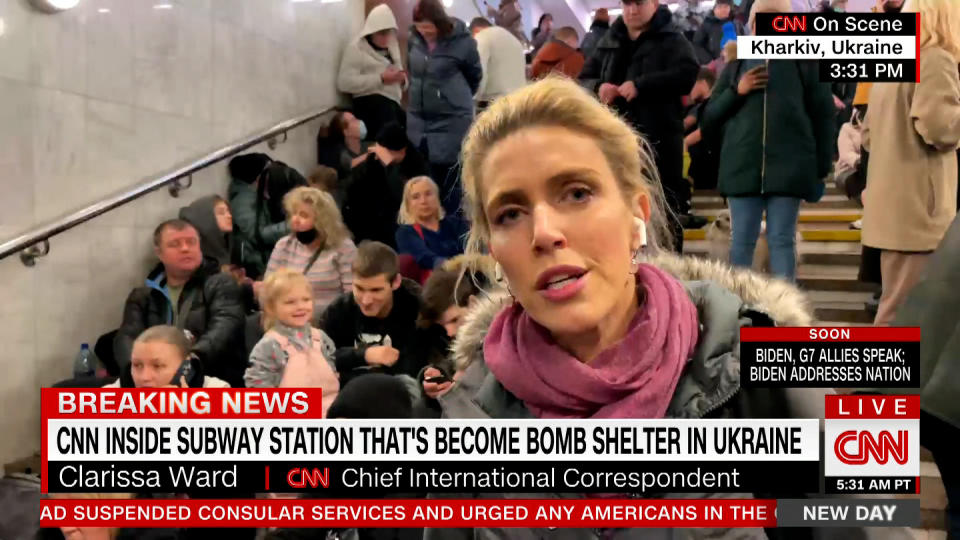 This image taken from video provided by CNN shows Chief International Correspondent Clarissa Ward reporting from inside a subway station in Kharkiv, Ukraine. (CNN via AP)