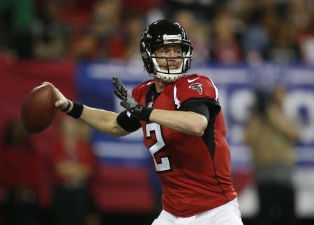 Jan 14, 2017; Atlanta, GA, USA; Atlanta Falcons quarterback Matt Ryan (2) throws against the Seattle Seahawks during the second quarter in the NFC Divisional playoff at Georgia Dome. Mandatory Credit: Brett Davis-USA TODAY Sports