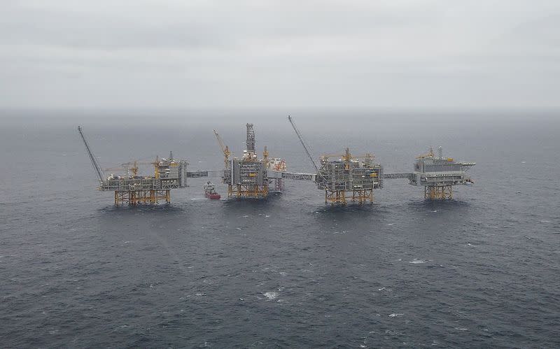 FILE PHOTO: General view of Equinor's Johan Sverdrup oilfield platforms in the North Sea, Norway
