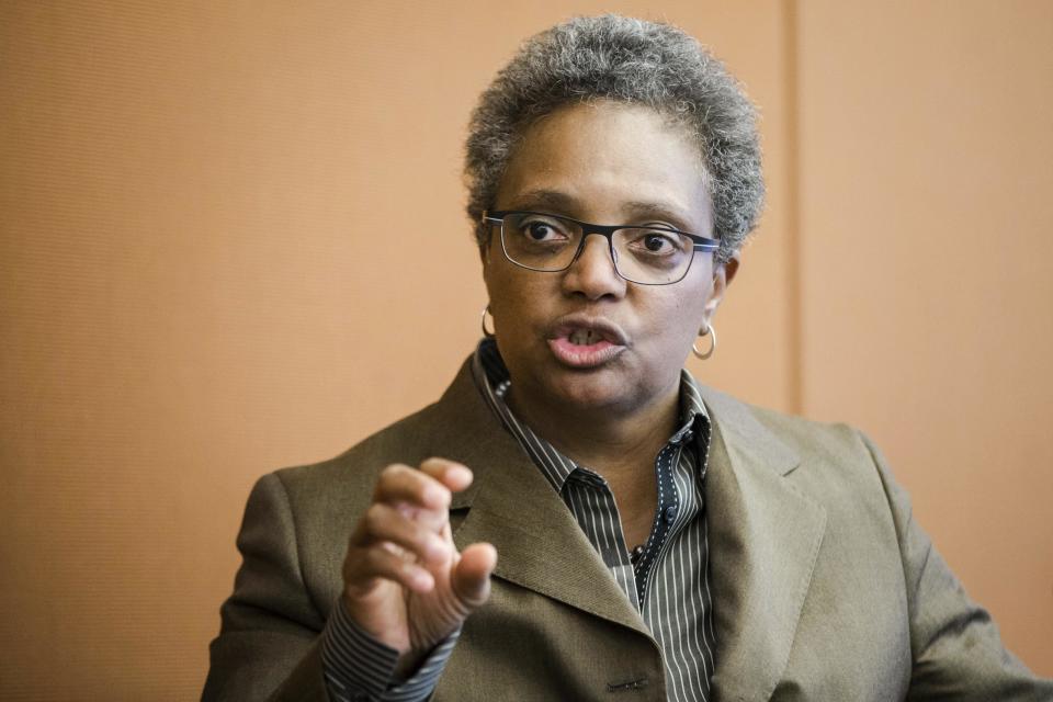 Lori Lightfoot, President of the Chicago Police Board and Chair of the Chicago Police Accountability Task Force, addresses inquiries during a news conference related to the findings of an investigation into the Chicago Police Department by the Department of Justice on Friday, Jan 13, 2017 in Chicago. (Santiago Covarrubias/Sun Times via AP)