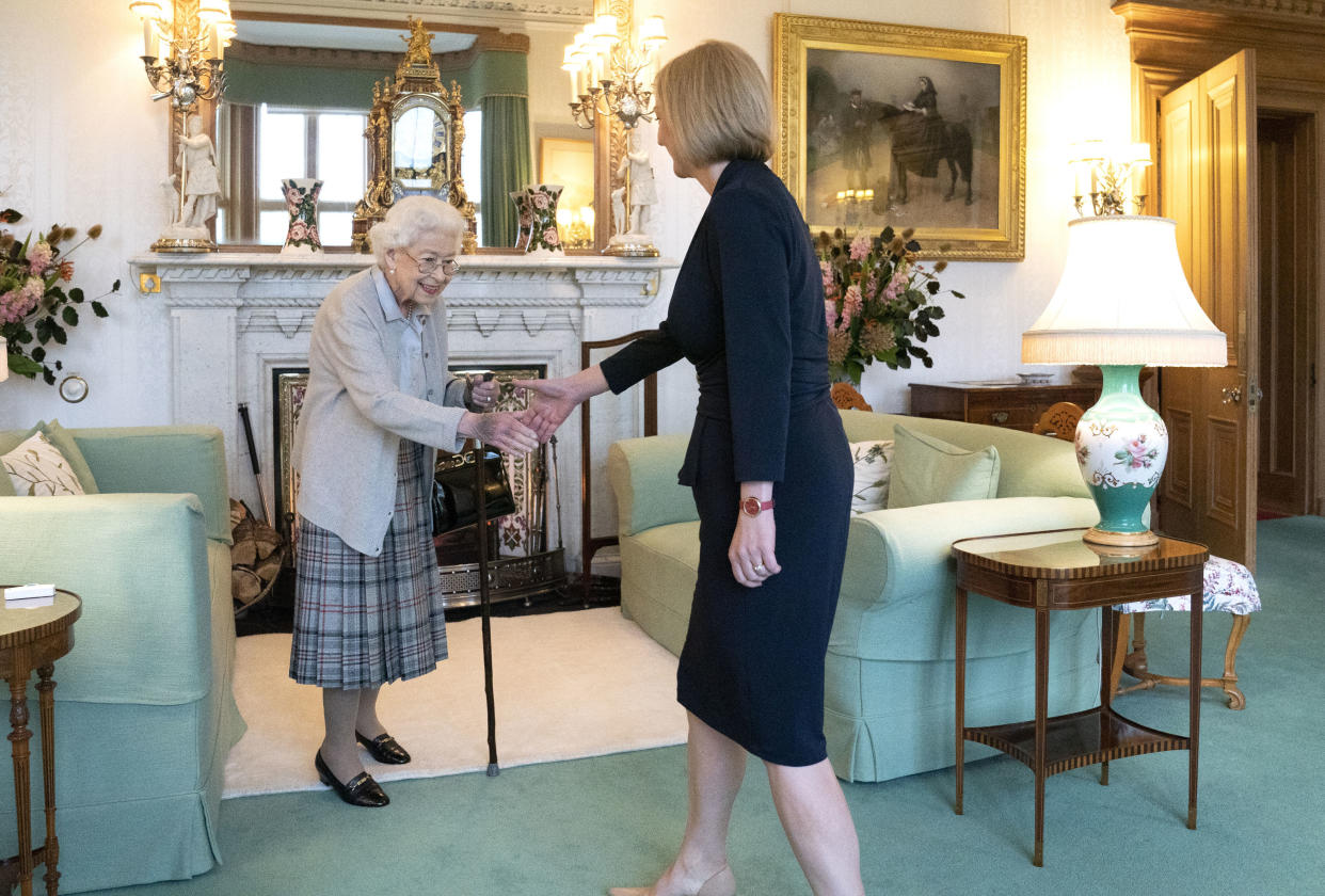 Queen Elizabeth greets newly elected leader of the Conservative party Liz Truss.