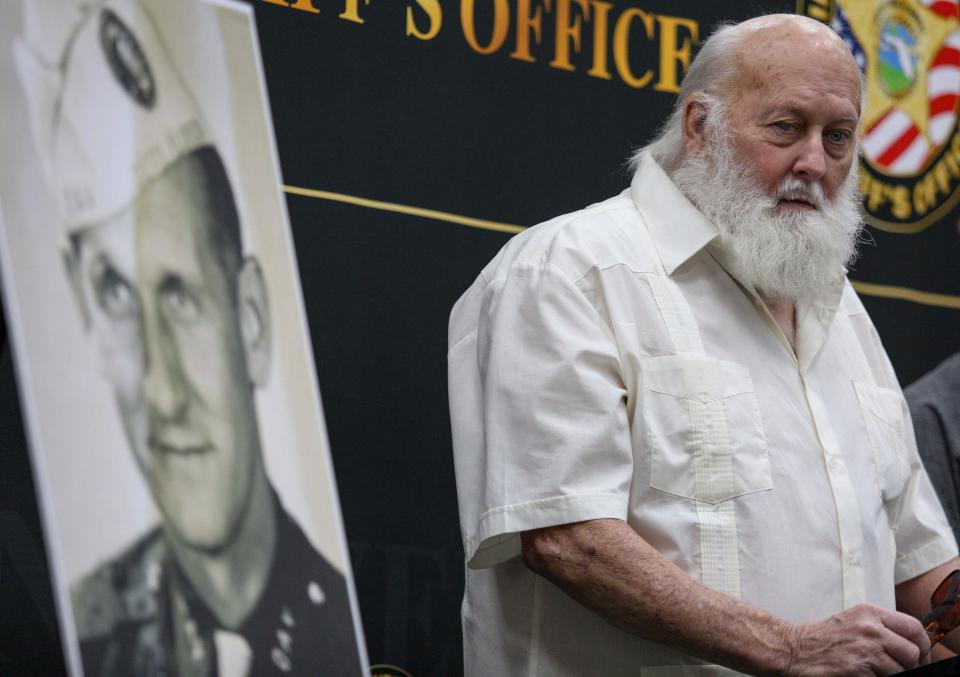 Larry Grayam, 72, speaks during a press conference at the Indian River County Sheriff’s Office regarding the 1968 murder of his father Hiram “Ross” Grayam, Thursday, April 11, 2024, at the Indian River County Sheriff’s Office. Grayam, who was a milkman at the time in 1968, was found shot to death in a wooded area near 38th Avenue and 43rd Street.