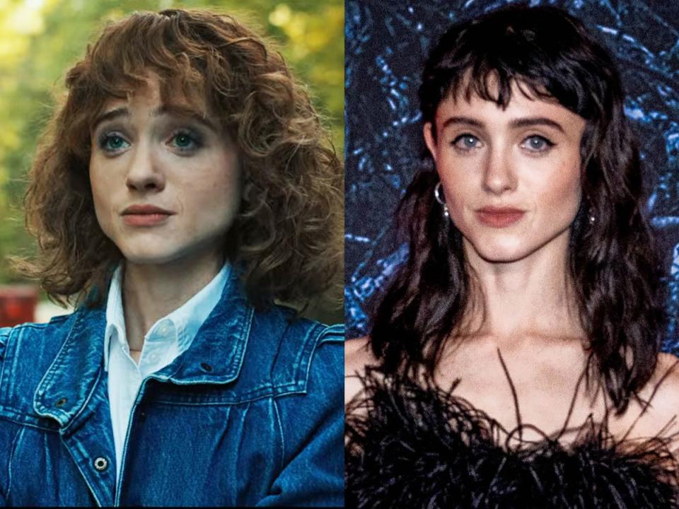 A side-by-side image of Natalia Dyer (a 25 year old woman with brown curly hair) as Nancy and on a red carpet.