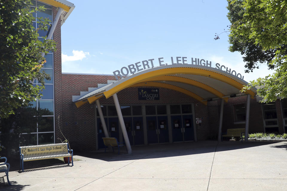 View of Robert E. Lee High School as The Fairfax County School Board unanimously voted to change it's name in Springfield during its meeting Tuesday night. The new name is set to go into effect for the 2020-21 school year after formal vote. June 24, 2020 in Springfield, Virginia. (mpi34/MediaPunch /IPX via AP)