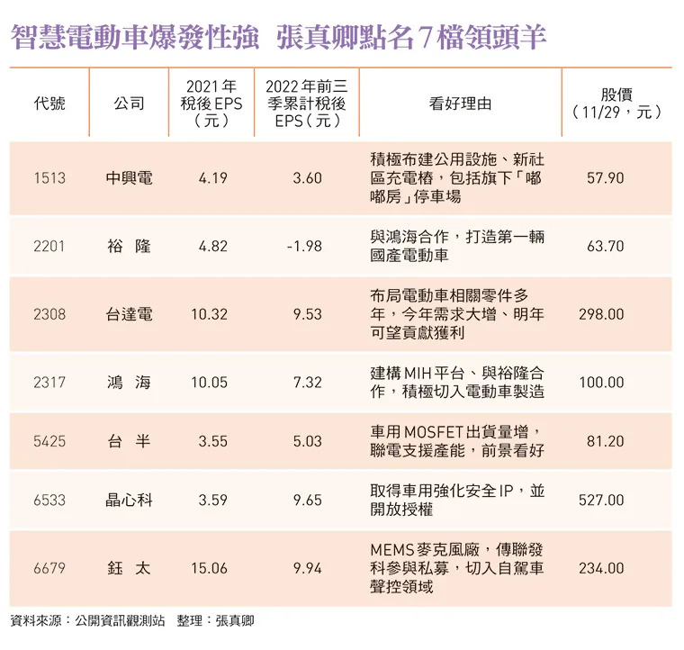 智慧電動車爆發性強 張真卿點名7檔領頭羊