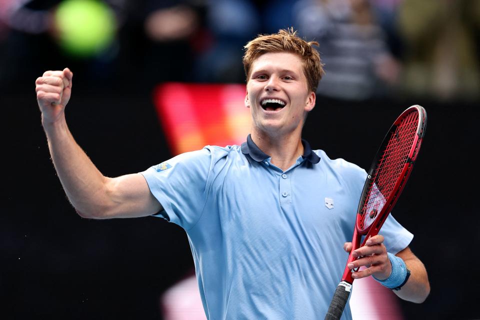 Seen here, American Jenson Brooksby celebrates after winning his second round match against Norway's Casper Ruud at the Australian Open. 