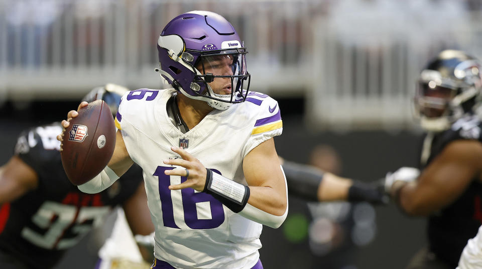 Vikings rookie quarterback Jaren Hall's first NFL start lasted less than a quarter after he was ruled out with a concussion. (Photo by Alex Slitz/Getty Images)