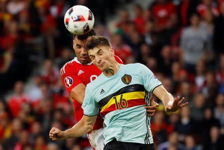 Football Soccer - Wales v Belgium - EURO 2016 - Quarter Final - Stade Pierre-Mauroy, Lille, France - 1/7/16 Belgium's Thomas Meunier in action with Wales' Hal Robson-Kanu REUTERS/Pascal Rossignol Livepic