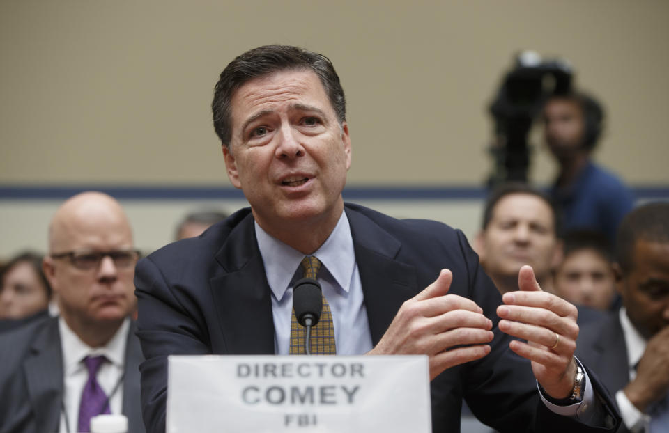 FILE - FBI Director James Comey testifies on Capitol Hill in Washington before the House Oversight Committee on July 7, 2016. The release of a harshly critical Justice Department special counsel report on President Joe Biden's handling of classified information has triggered instant flashbacks to the history-shaping events of 2016 when Comey castigated Democratic nominee Hillary Clinton over her email practices but also recommended against charges. (AP Photo/J. Scott Applewhite, File)