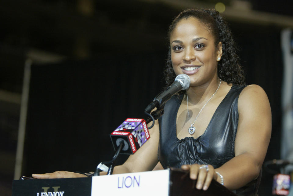 LOS ANGELES - JUNE 18:  Laila Ali speaks at press conference to promote her upcoming super middleweight bout with Valerie Mahfood at Staples Center on June 18, 2003 in Los Angeles, California.  Lennox Lewis won by a TKO in the 6th round.  (Photo by Jeff Gross/Getty Images) 