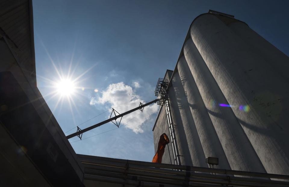 Kent's Star of the West Milling Co. as seen on North Water Street before Friday's fire. Concrete wheat storage towers have been part of the downtown Kent skyline for decades.