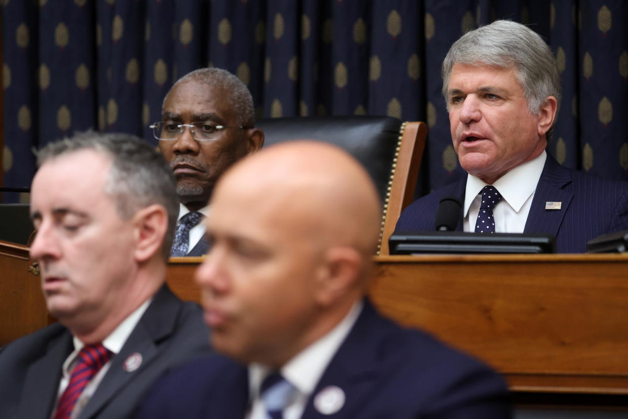 House Foreign Affairs Committee Chairman Gregory Meeks (D-NY) and ranking member Representative Michael McCaul (R-TX) preside as U.S. Secretary of State Antony Blinken testifies on the U.S. withdrawal from Afghanistan at a virtual committee hearing in Washington, U.S. September 13, 2021.  REUTERS/Jonathan Ernst