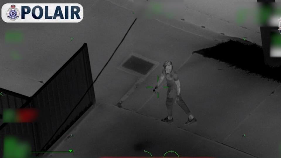 Polair helicopter footage of one of the suspects fleeing the scene on foot. Picture: Queensland Police