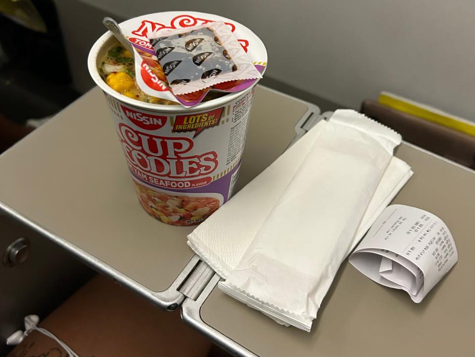 A cup of instant noodles served on a Scoot flight from Jakarta to Singapore.