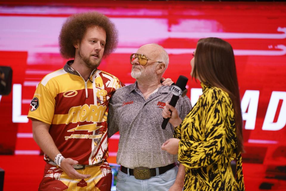 Professional bowler Kyle Troup (left) speaks with FOX broadcast Kimberly Pressler (right) during a PBA event.