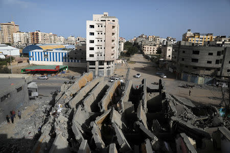 A view shows the remains of a building that was destroyed by Israeli air strikes, in Gaza City May 6, 2019. REUTERS/Mohammed Salem