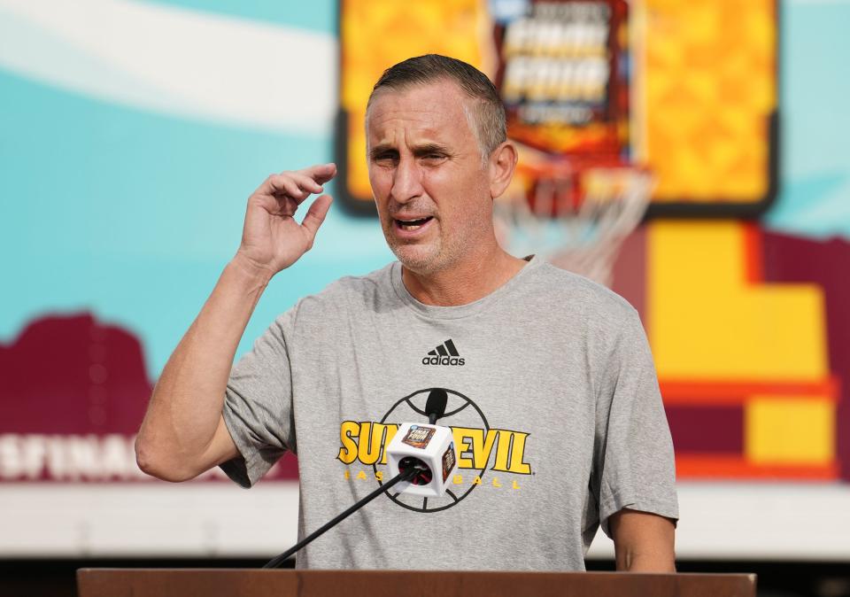 ASU Men's Basketball Coach Bobby Hurley appears at the kickoff of the 2024 NCAA Men's Final Four Fan Jam, a pop-up mobile event that lets fans play basketball during a news conference at Desert Financial Arena.