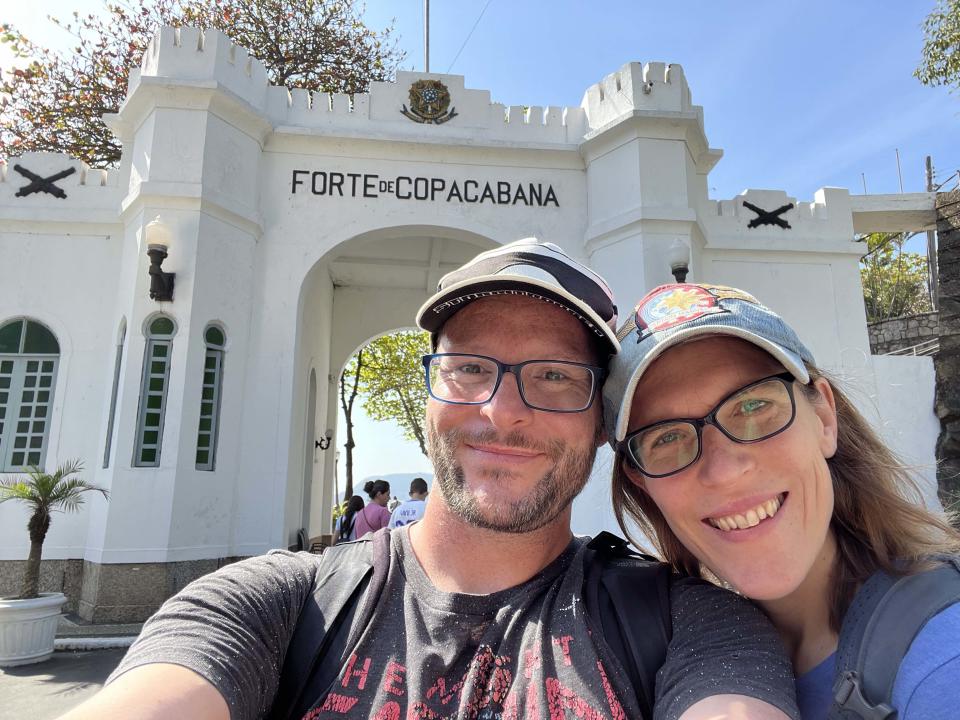 Katie Donegan with her husband Alan at Copacabana Fort in Rio de Janeiro, Brazil. (Supplied)