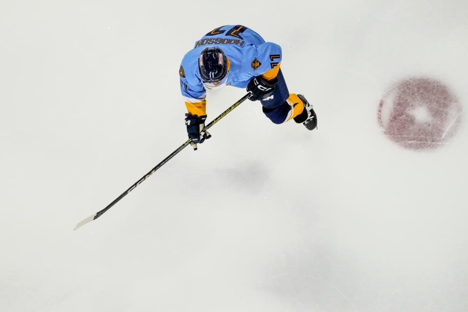 Milwaukee Admirals' Cody Hodgson skates during the team's American Hockey League game against the Rockford Icehogs on Friday, March 1, 2024, in Milwaukee. Hodgson is a former NHL player who retired from hockey eight years ago due to a muscle disorder but is now making a comeback. (AP Photo/Morry Gash)