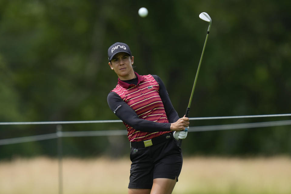 Azahara Munoz, of Spain, watches her shot on the fifth hole before the Women's PGA Championship golf tournament, Wednesday, June 21, 2023, in Springfield, N.J. (AP Photo/Seth Wenig)