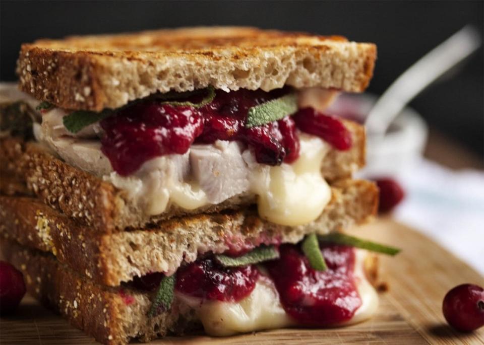 <p>Just a Little Bit of Bacon</p><p>Once Thanksgiving is over, the question is what to do with all the leftovers. This turkey, brie and cranberry panini provides a delicious answer.</p><p><strong>Get the recipe: </strong><a href="http://www.justalittlebitofbacon.com/turkey-brie-and-cranberry-mustard-panini/" rel="nofollow noopener" target="_blank" data-ylk="slk:Turkey, Brie and Cranberry Mustard Panini;elm:context_link;itc:0;sec:content-canvas" class="link "><strong>Turkey, Brie and Cranberry Mustard Panini</strong></a></p>