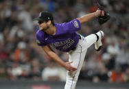 Colorado Rockies starting pitcher Peter Lambert works against the San Francisco Giants in the fourth inning of a baseball game Friday, Sept. 24, 2021, in Denver. (AP Photo/David Zalubowski)