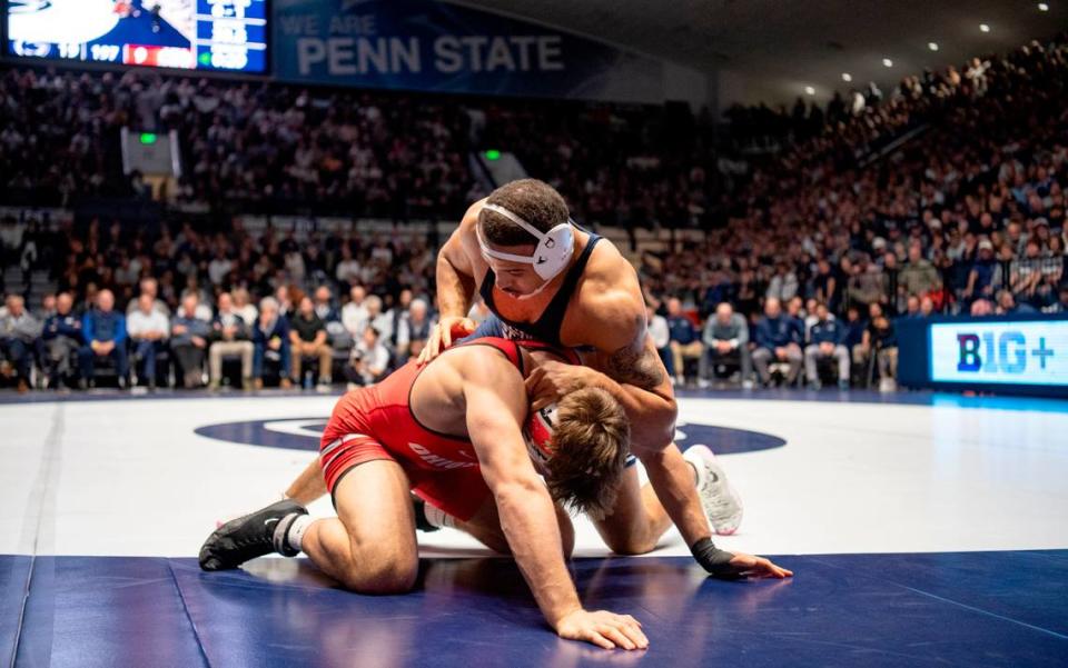 Penn State’s Aaron Brooks controls Ohio State’s Luke Geog in the 197 lb bout of the dual on Friday, Feb. 2, 2024 in Rec Hall.