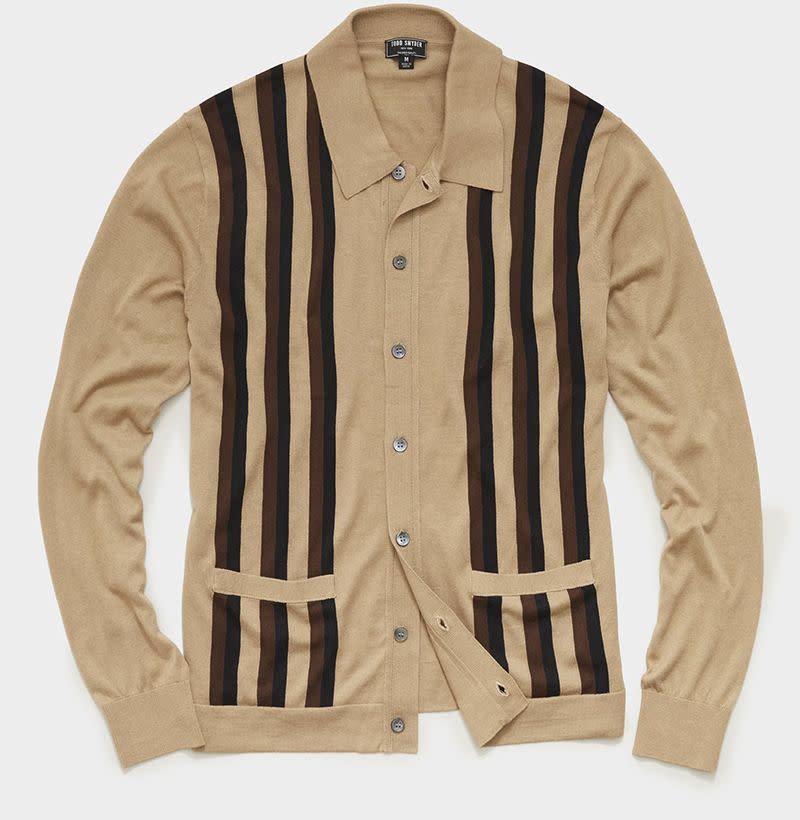 Long Sleeve Striped Button Down Sweater Polo in Khaki